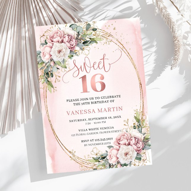 Convites Flores Modernas em Dourado Rosa Eucalipto Aniversá (Modern Rose Gold Flowers Eucalyptus 16th Birthday Invitation

)
