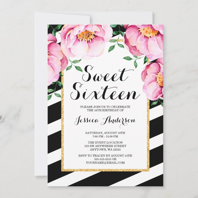 Convites Flores Modernas em Listras de Aquarela Sweet 16 (Frente)