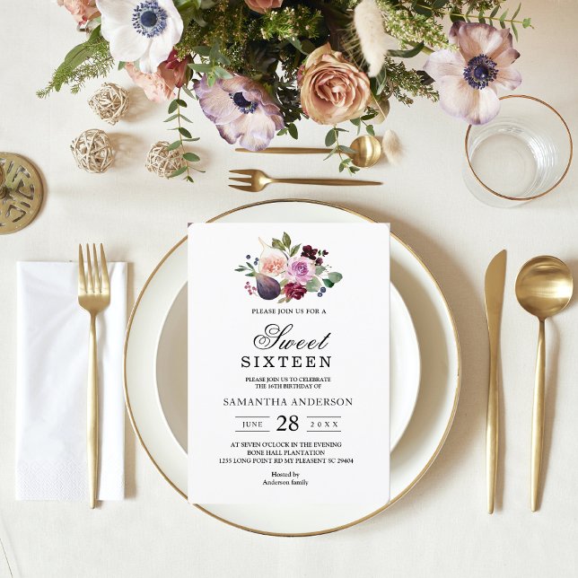 Convites Flores Moody & Rustic Burgundy Watercolor & Berry (Criador carregado)