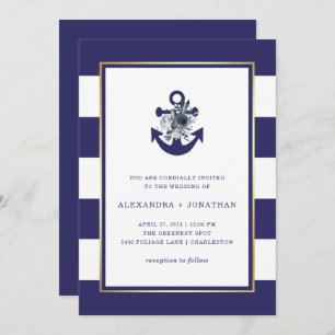 Convites Flores Náuticas   Marinho Blue Floral Stripe Wedes