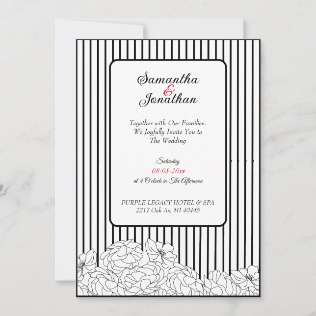 Convites Flores Negras e Brancas com Casamento de Stripes (Frente)