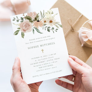 Convites Flores Neutrais Simples De Aquarelas Primeira Comu