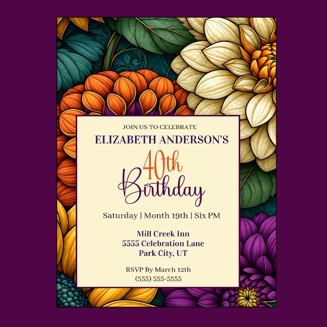 Convites Flores Opulentas de Outono 40º Aniversário (Opulent Autumn Flowers 40th Birthday Invitation For Women.)