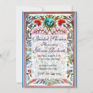 Convites FLORES ORIENTAIS DAMASK MONOGRAM Azul Aquamarina