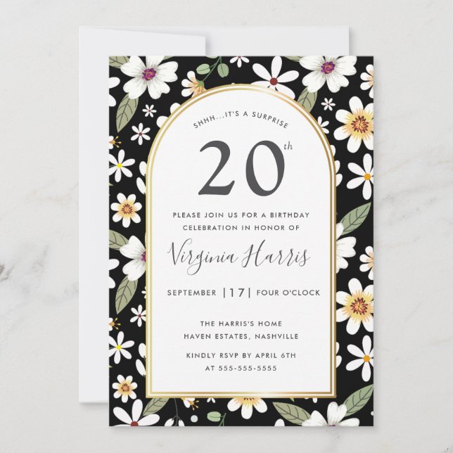 Convites Flores Padrão Negro Vinte 20 Aniversário (Frente)