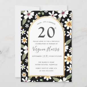 Convites Flores Padrão Negro Vinte 20 Aniversário