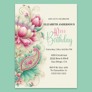 Convites Flores Paisley Bonito e Chique Aniversário de 40 a