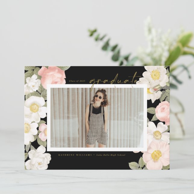 Convites Flores Pastel Antigas Foto Preta Formatura (Em pé/Frente)