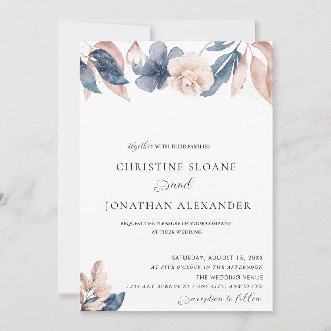 Convites Flores Pintadas à Mão | Casamento Rosa e Azul (Frente)