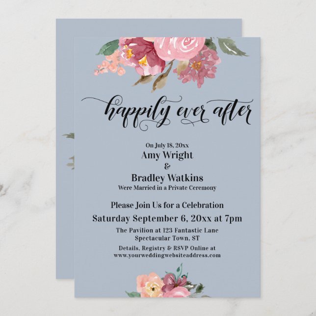 Convites Flores Pintadas de Rosa Felizes para Sempre Azul E (Frente/Verso)