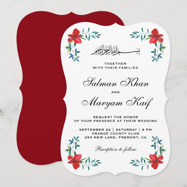 Convites Flores Pintadas Vermelhas Românticas Casamento Muç (Frente/Verso)