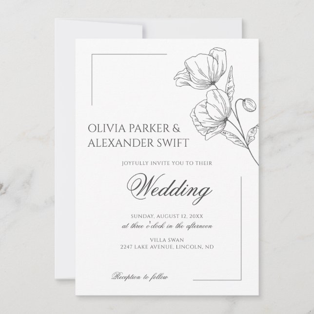 Convites Flores popias, casamento simples e elegante (Frente)