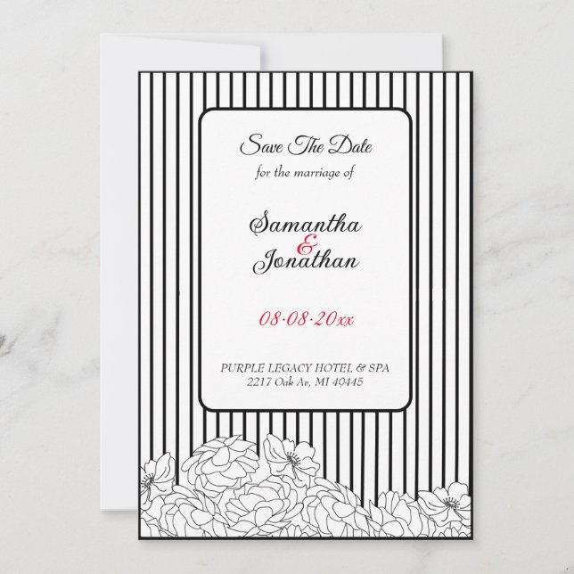 Convites Flores Pretas e Brancas em faixas Salvar a Data (Frente)