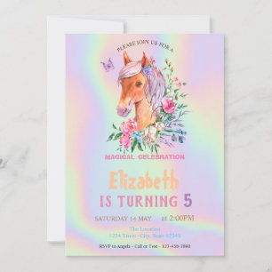 Convites Flores Pretty Pony Holográficas de Aniversário