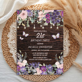 Convites Flores Púrpuras Borboletas Madeira Rústica 21 ruas