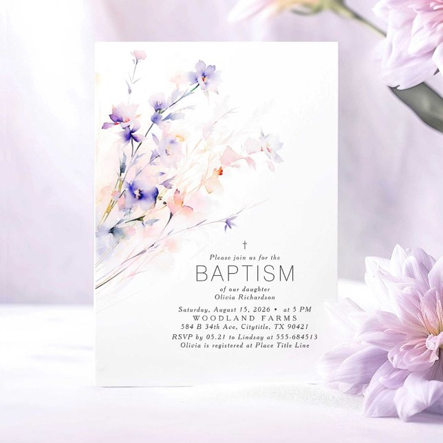 Convites Flores Púrpuras e Escamoteadas Límpidas Batismo El (Purple and Pink Baptism Invitations)