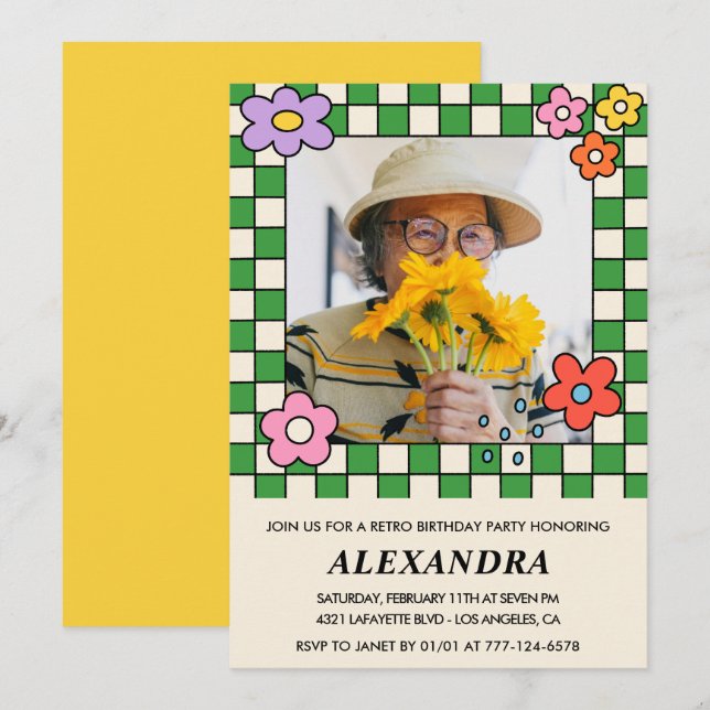 Convites Flores Retro Foto Groovy Aniversário de 92 anos (Frente/Verso)