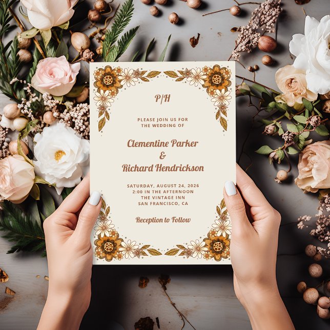 Convites Flores Retro Neutras | Casamento (A retro and vintage style wedding invitation with a floral border)