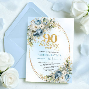 Convites Flores Românticas Boho Azul Empoeirado 90º Anivers