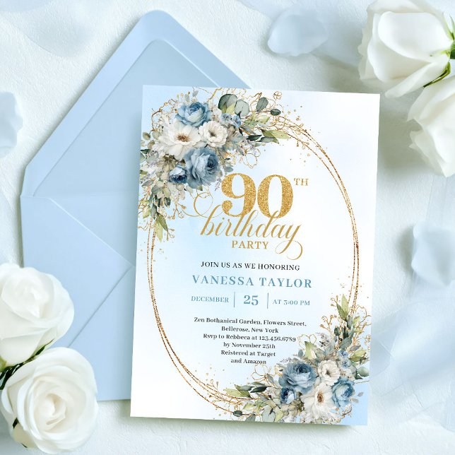 Convites Flores Românticas Boho Azul Empoeirado 90º Anivers (Romantic Boho Dusty Blue Flowers 90th Birthday)