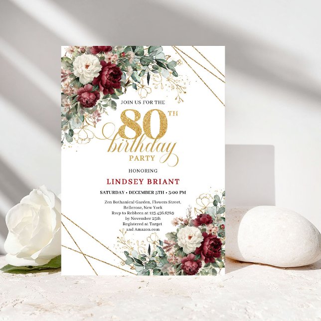 Convites Flores Românticas Burgundy Verde Dourado 80º Anive (Romantic Burgundy Flowers Greenery Gold 80th Birthday Card

)