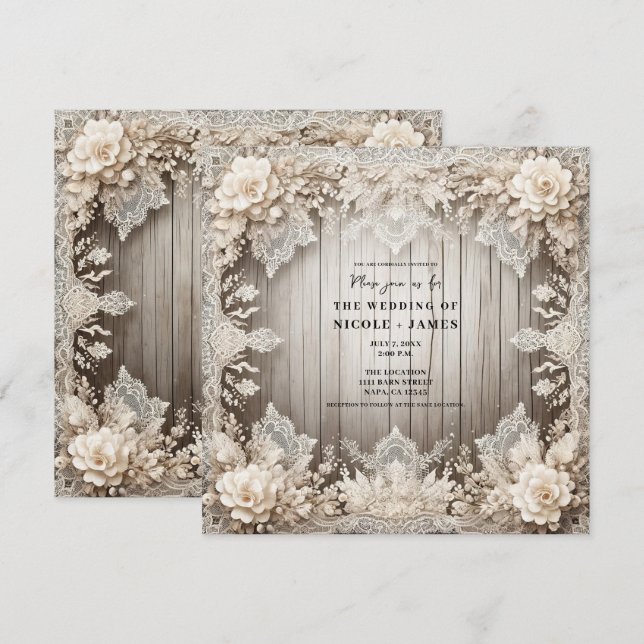 Convites Flores Românticas com Renda + Casamento Rústico de (Frente/Verso)