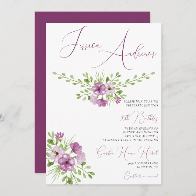 Convites Flores Românticas de Aquarela 50º Aniversário (Frente/Verso)