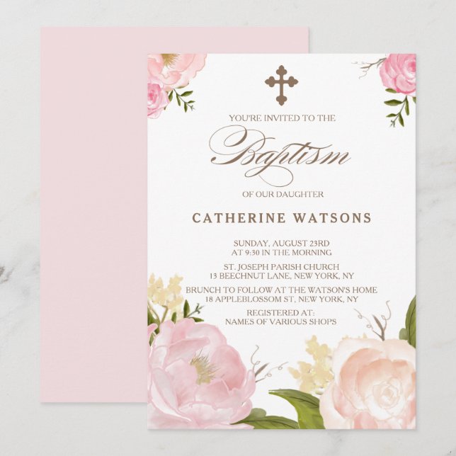 Convites Flores Românticas De Aquarela E Batismo Cruzado (Frente/Verso)