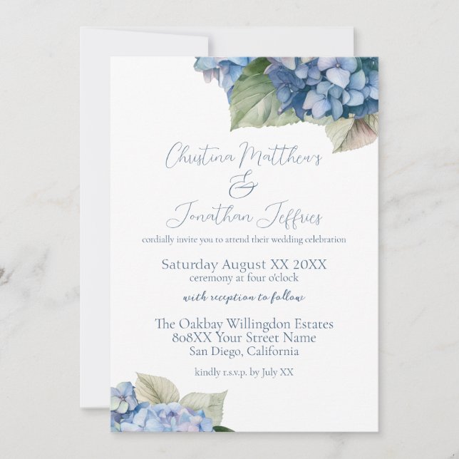 Convites Flores Românticas de Hortênsia Azul (Frente)