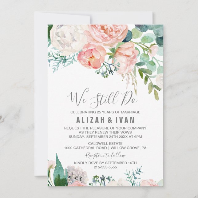 Convites Flores Românticas de Peônias Renovam Vow (Frente)