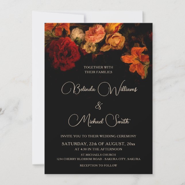 Convites Flores Românticas Escuras | Foto Casamento (Frente)