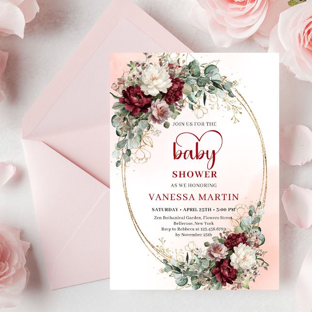Convites Flores Românticas Marsala Coração em Tipo de Letra (Romantic Marsala Flowers Heart-Shaped Font Baby Shower Invite)