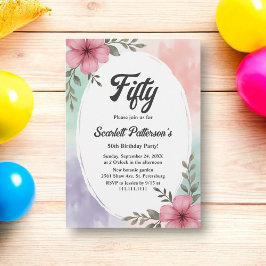 Convites Flores Rosa-Aquarela Boho Verão 50.o Aniversário