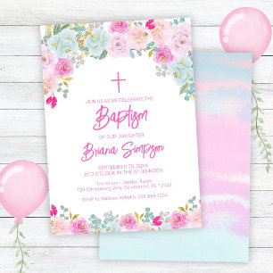 Convites Flores Rosa Azul Pêssego Roxo Batismo Floral