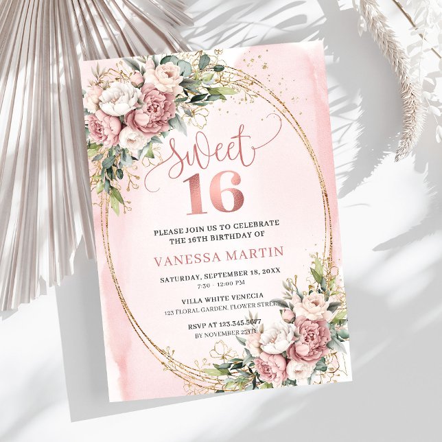 Convites Flores Rosa Bege Brilhantes Eucalipto 16º Aniversá (Sparkling Blush Pink Flowers Eucalyptus 16th Birthday Invite

)