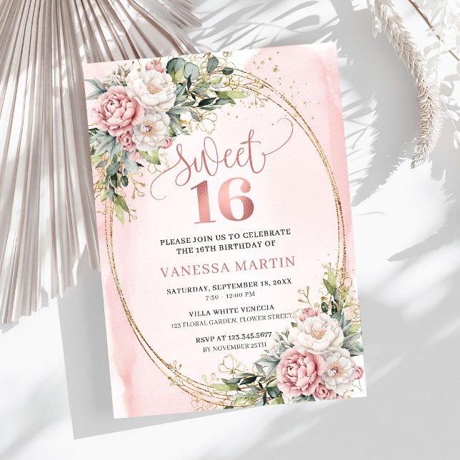 Convites Flores Rosa Bege com Verde Sweet Sixteen  (Blush Pink Flowers with Greenery Sweet Sixteen Invite)