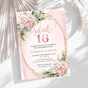 Convites Flores Rosa Bege com Verde Sweet Sixteen