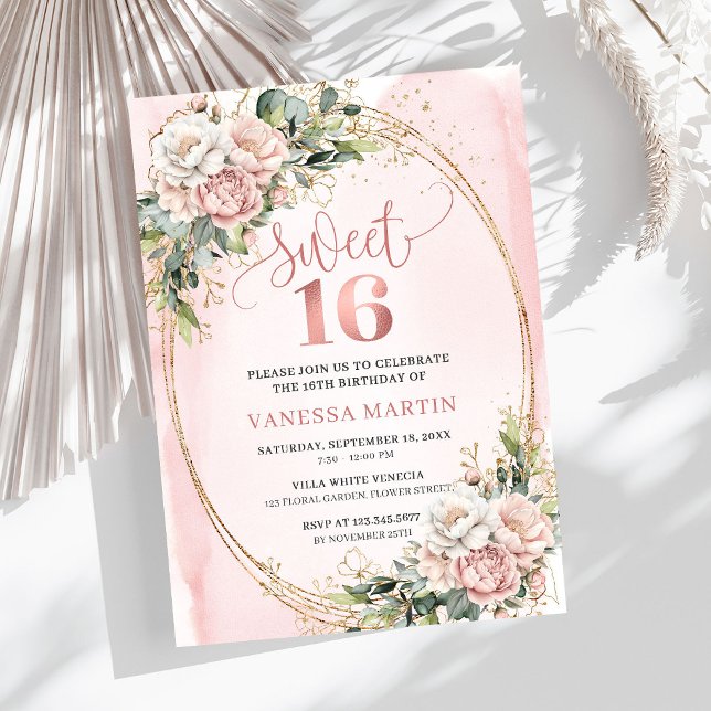 Convites Flores Rosa Bege com Verde Sweet Sixteen (Blush Pink Flowers with Greenery Sweet Sixteen Invite)