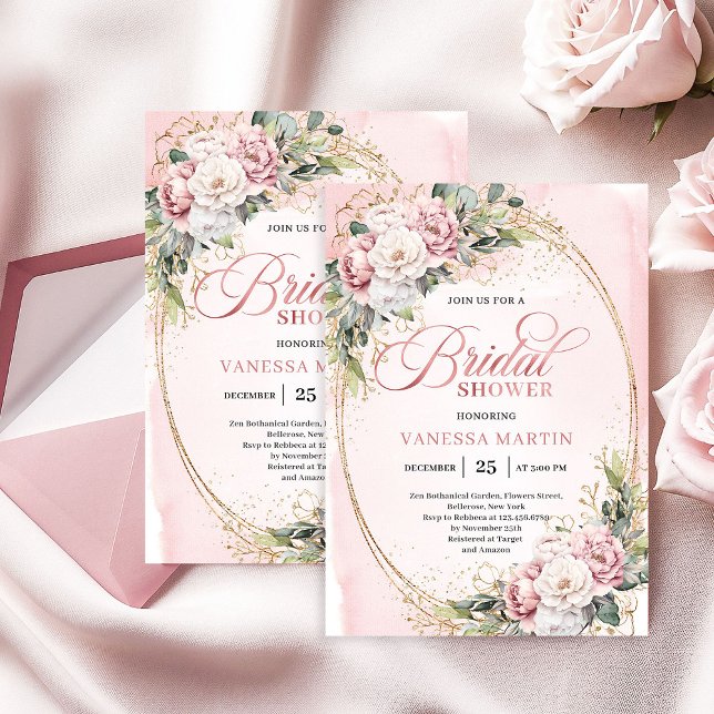 Convites Flores Rosa Bege Mínimo Dourado Chá de Noiva (Minimal Blush Pink Flowers Gold Bridal Shower)
