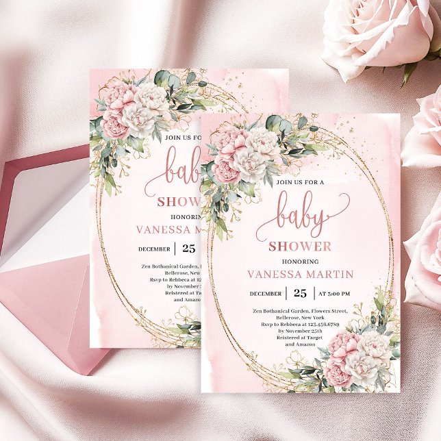 Convites Flores Rosa Bege Suave Vegetação Churrasco de Bebê (Soft Blush Pink Flowers Greenery Baby Shower Girl)