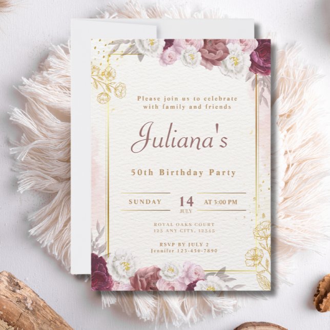 Convites Flores rosa Boho Elegant 50th Festa de aniversário (Criador carregado)