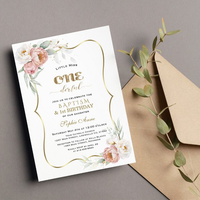 Convites Flores Rosa Brancas Primeiro Aniversário e Batismo (Criador carregado)