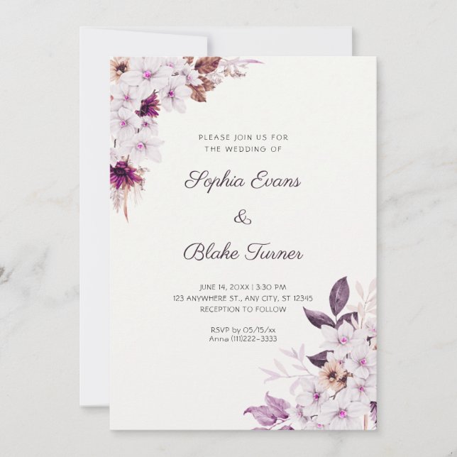 Convites Flores Rosa Branco Rústico Boho Casamento Branco (Frente)
