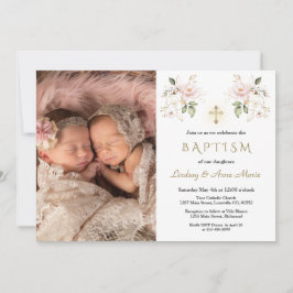 Convites Flores Rosa Cruzam Raparigas Gêmeas Foto Batismo