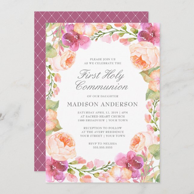 Convites Flores Rosa de Água Primeira Comunhão Sagrada (Frente/Verso)