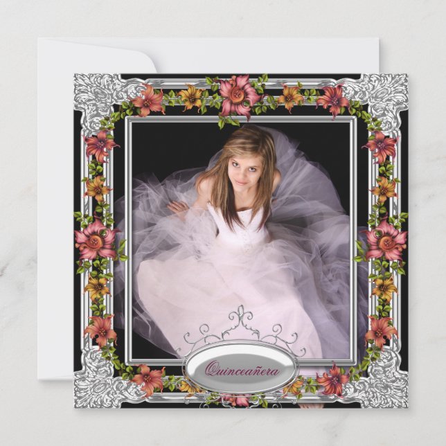 Convites Flores Rosa Dourada Silver Foto Quinceanera (Frente)