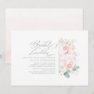 Convites Flores Rosa Douradas Chá de panela Verde Luncheon