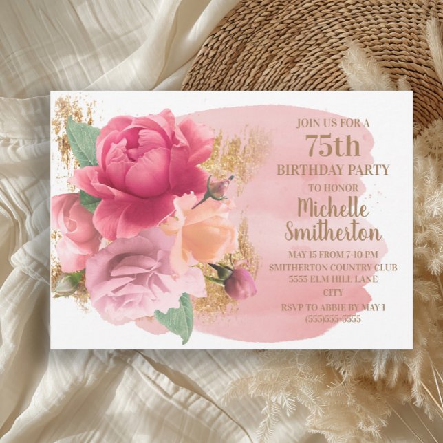 Convites Flores rosa Douradas com brilho na 75ª Festa de an (Elegant pink roses and gold glitter 75th birthday party invitation)