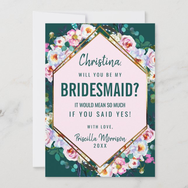 Convites Flores Rosa Douradas Trim Emerald Jade Bridesmaid (Frente)