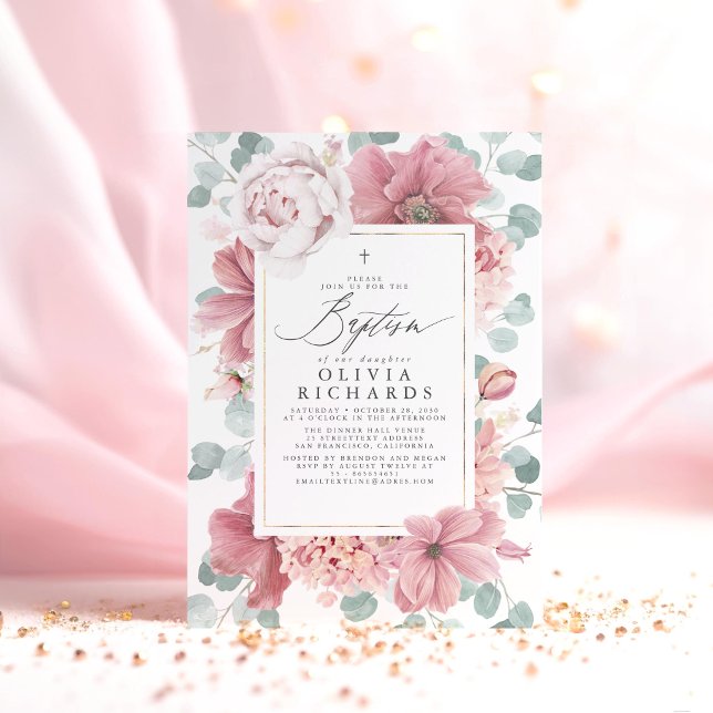 Convites Flores Rosa Dusty Meninas Elegantes Batismo (Pink Floral Baptism Invitation)